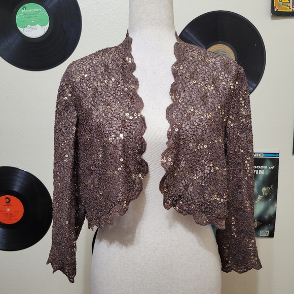 Brown Sequin Lace Bolero Cardigan - Picture 1 of 6